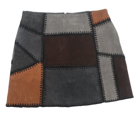 Zara Dresses & Skirts - Zara Suede Leather Patchwork Mini Skirt Boho Retro 70s Boho Mod Grey Brown S